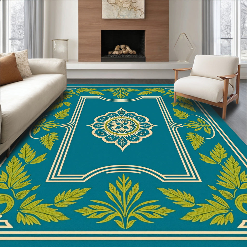 Teal Floral Medallion Border Rug