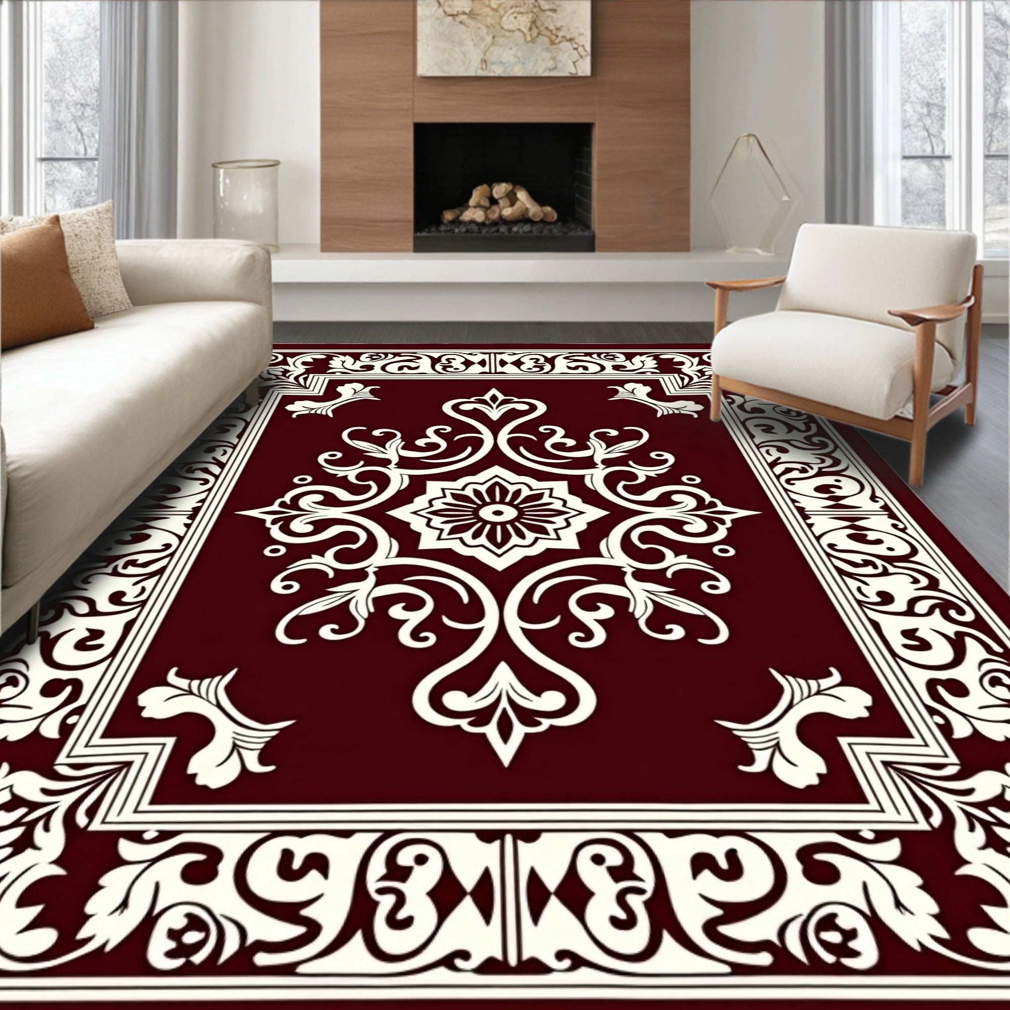 Ornate Floral Scrollwork Border Rug