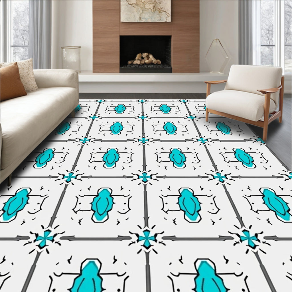 Geometric Teal Gray Tile Design Rug