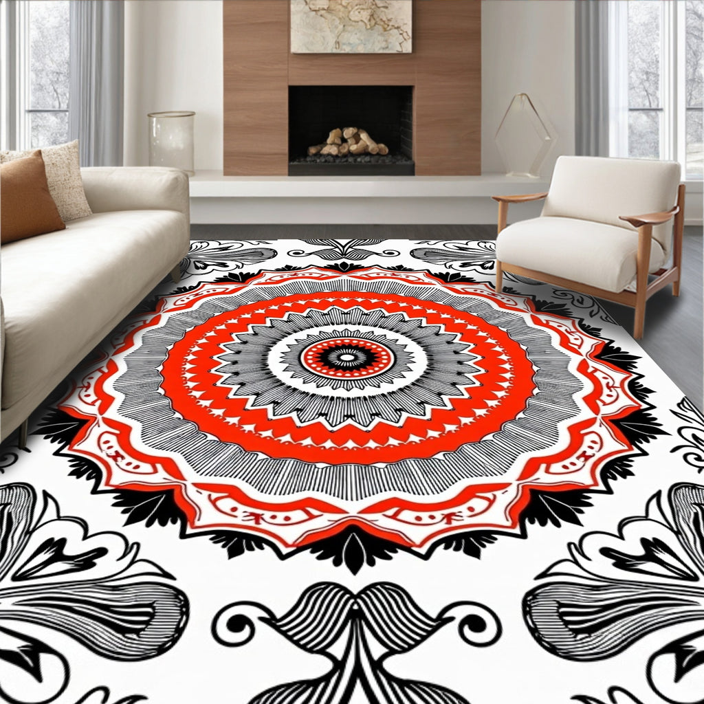 Bold Red Black Radial Floral Design Rug