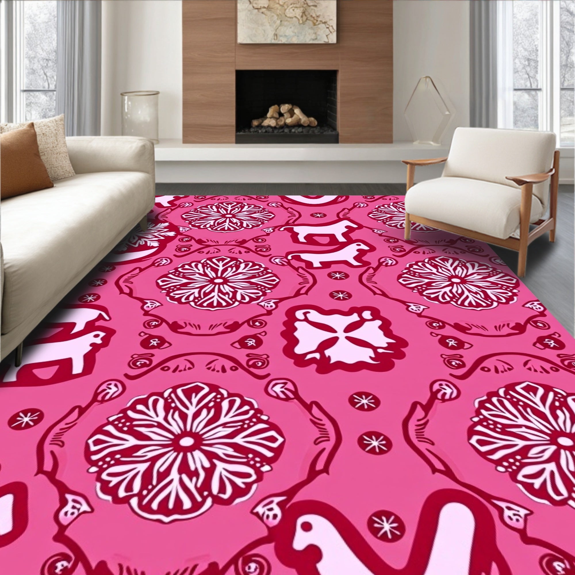 Pink Red Horse Floral MedallionRug Rug