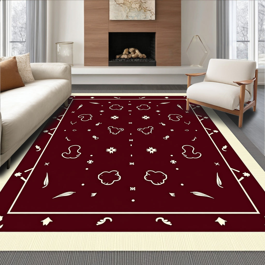 Farmhouse Bordered Cream Red Patterned Rug