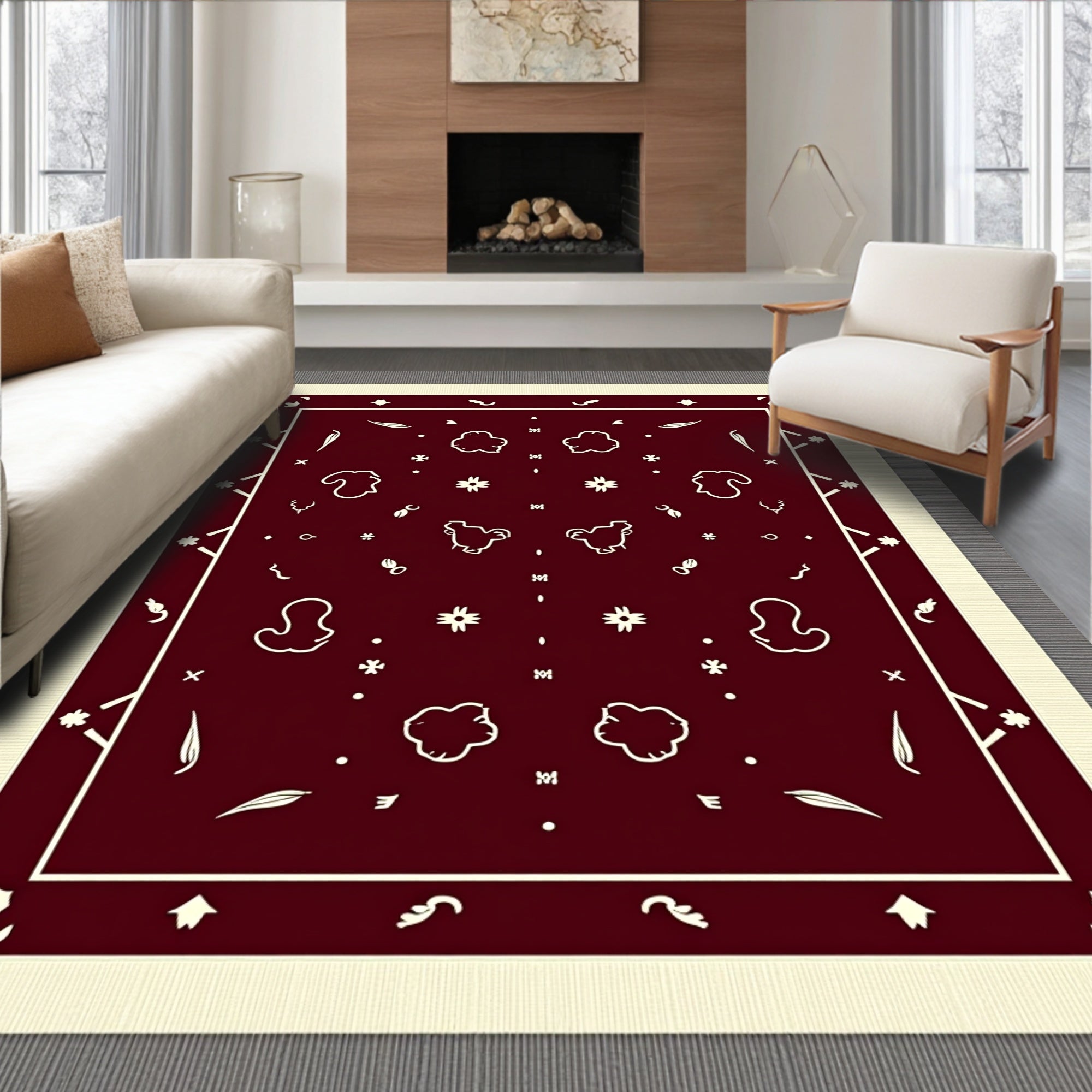 Farmhouse Bordered Cream Red Patterned Rug