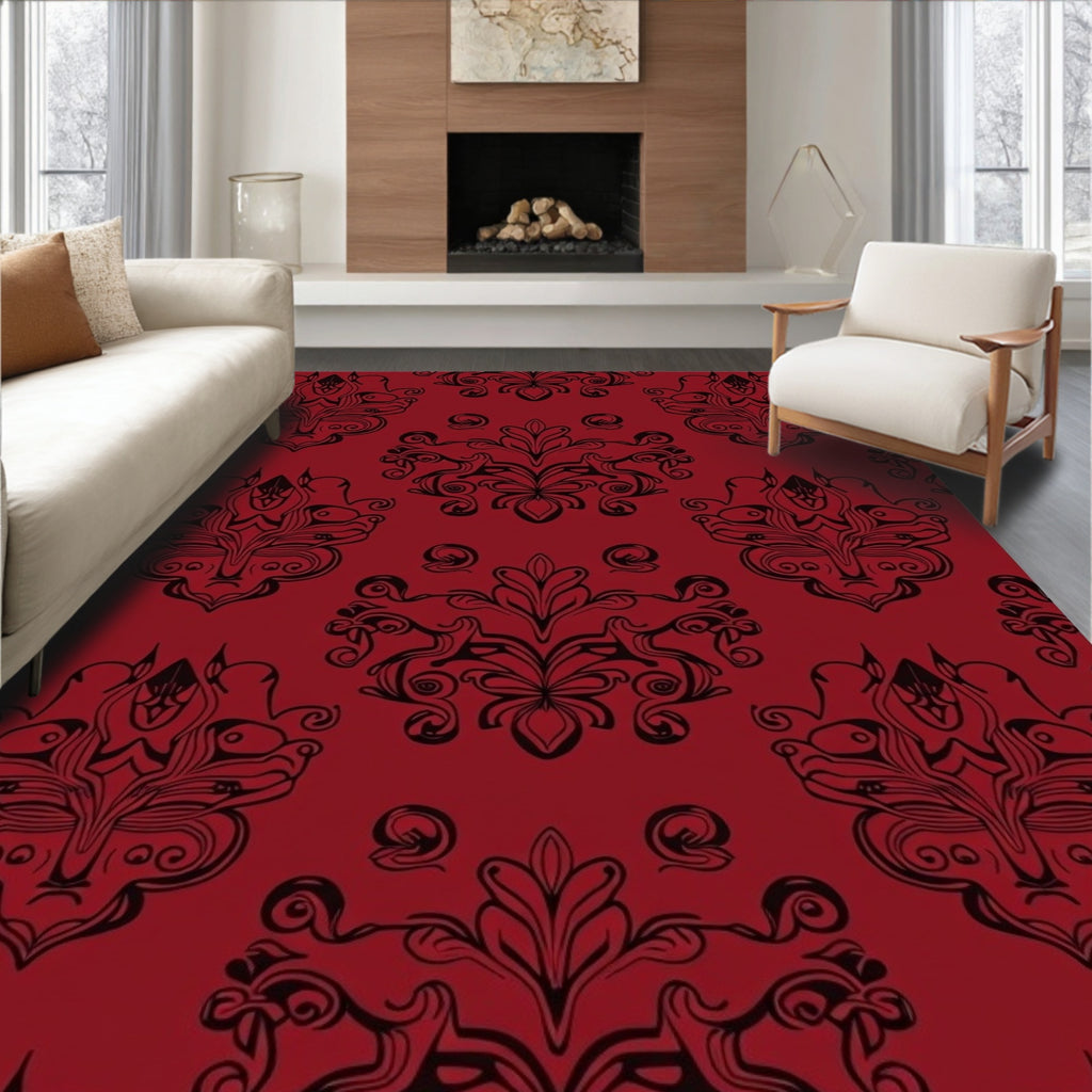 Dark Red Black Ornate Pattern Rug