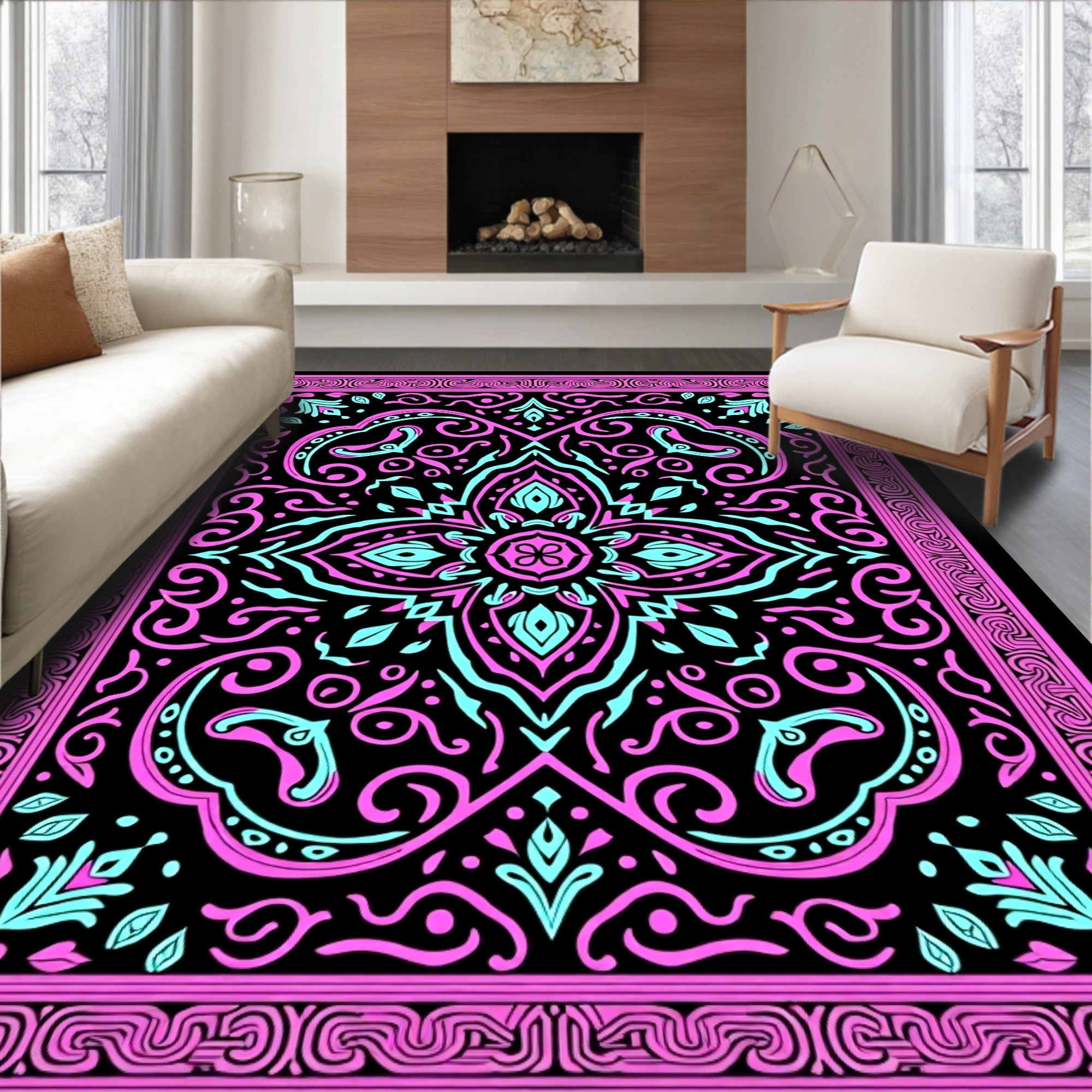 Symmetrical Floral Swirl Pattern Rug