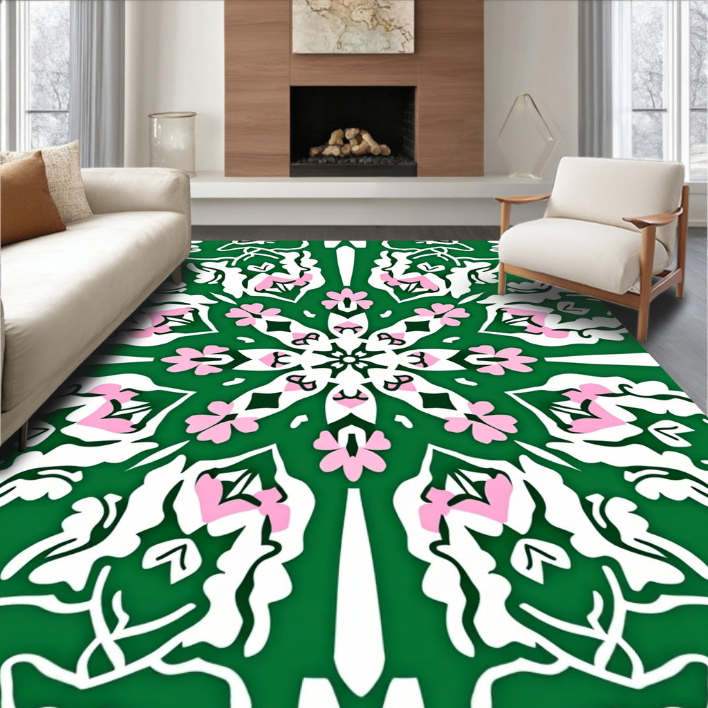 Green White Pink Floral Mandala Design Rug