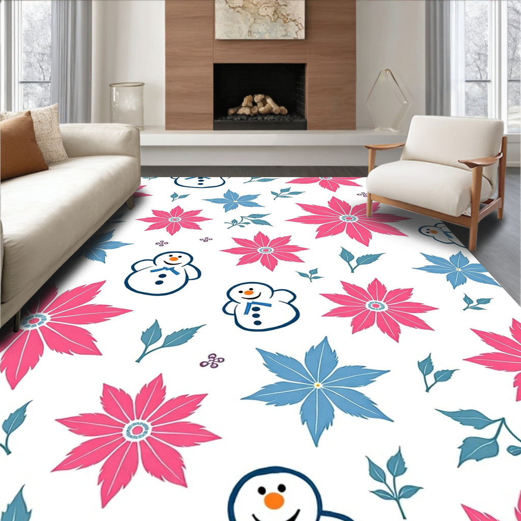 Pink Blue Snowman Poinsettia Floral Rug