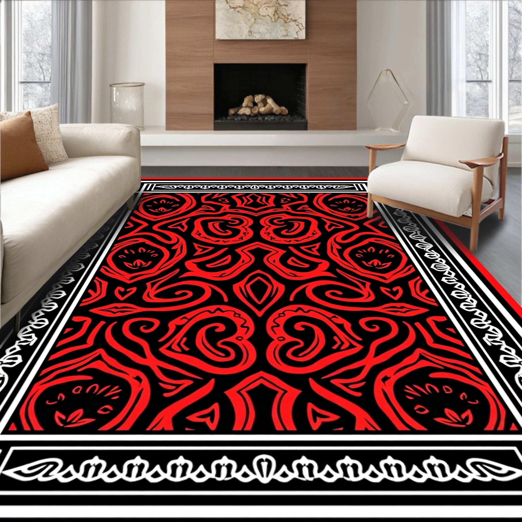 Bold Red Swirling Abstract Design Rug