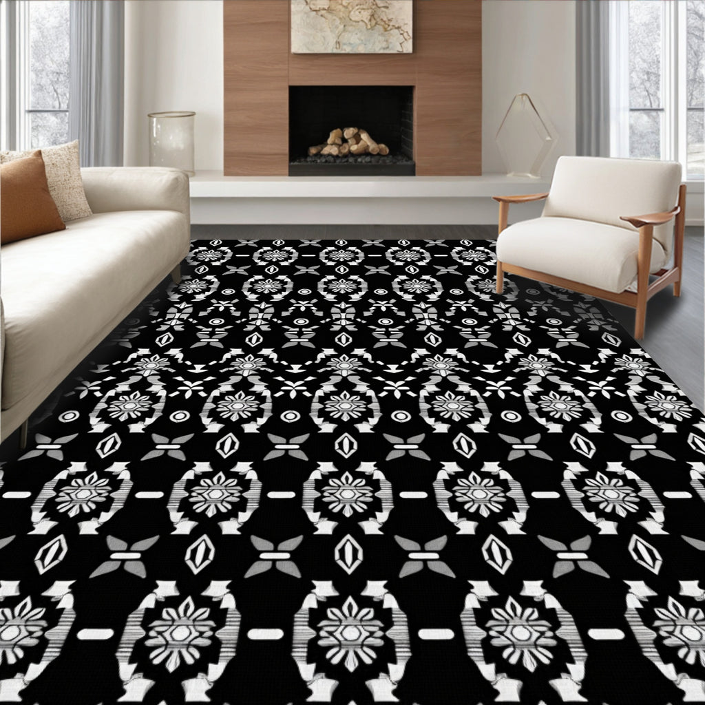 Black White Tribal Motif Pattern Rug