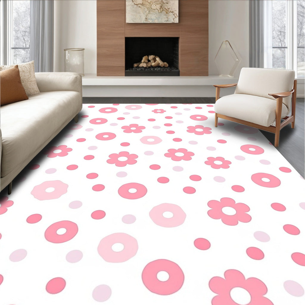 Playful Pink Floral Dot Pattern Rug