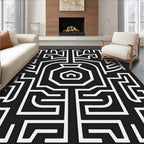 Abstract Black White Maze Pattern Rug
