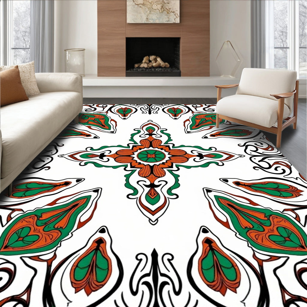 Ornate Orange Green Floral Art Nouveau Rug