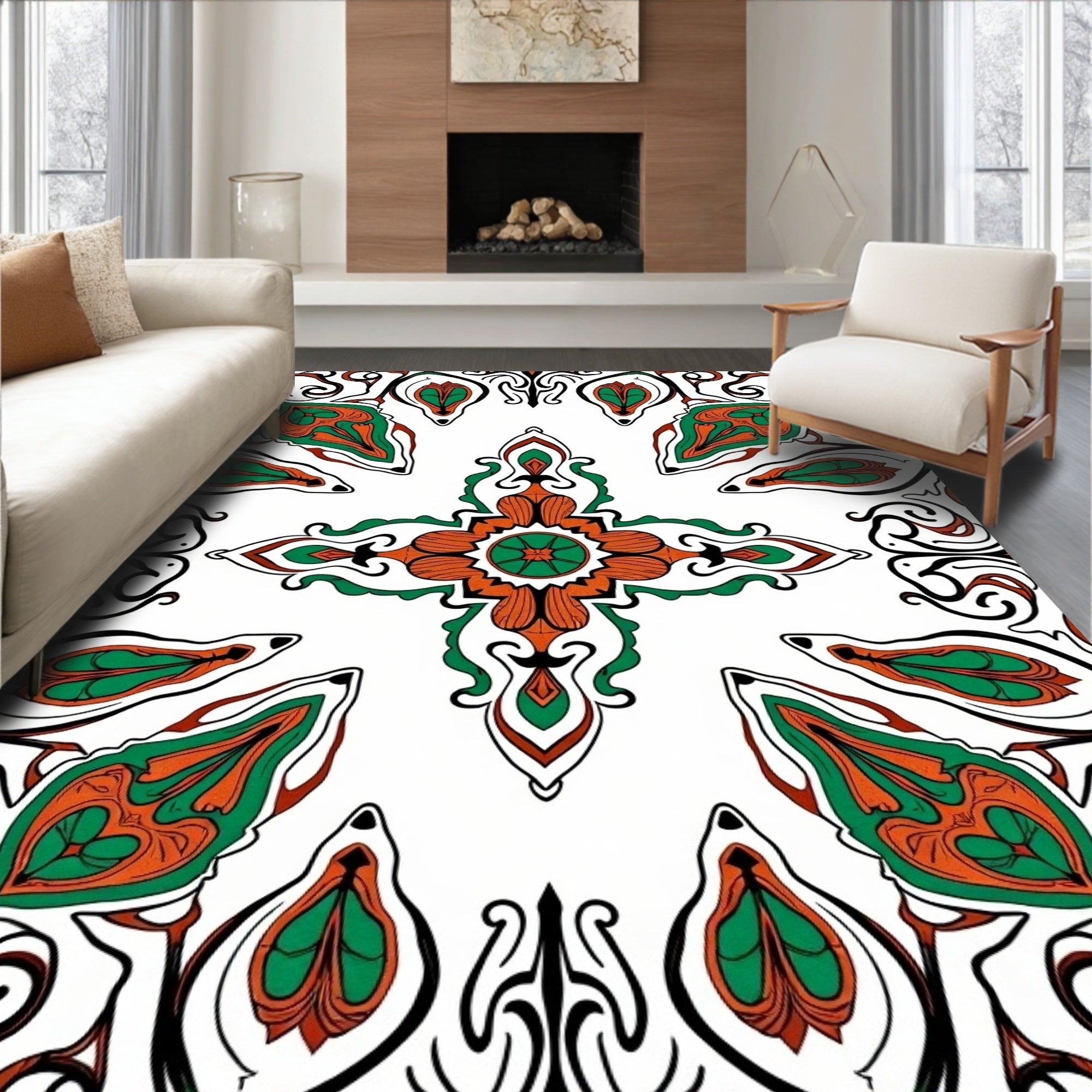 Ornate Orange Green Floral Art Nouveau Rug