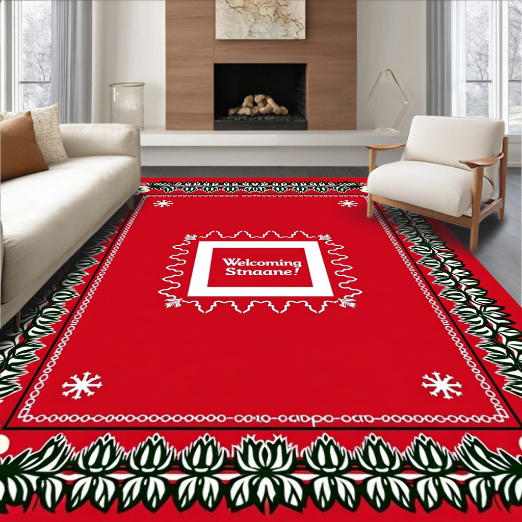 Crimson White Leaf Edged Floral Frame Rug