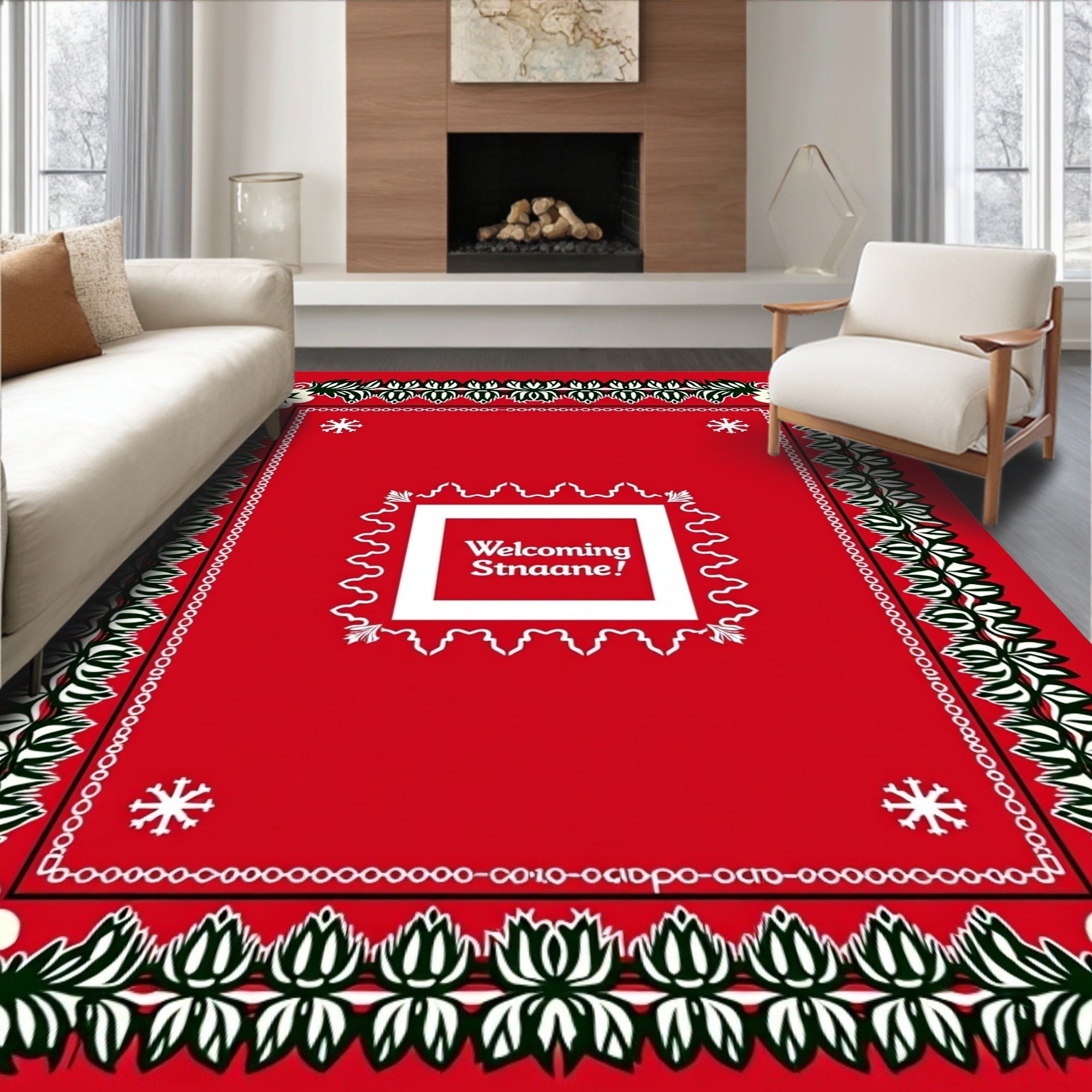Crimson White Leaf Edged Floral Frame Rug