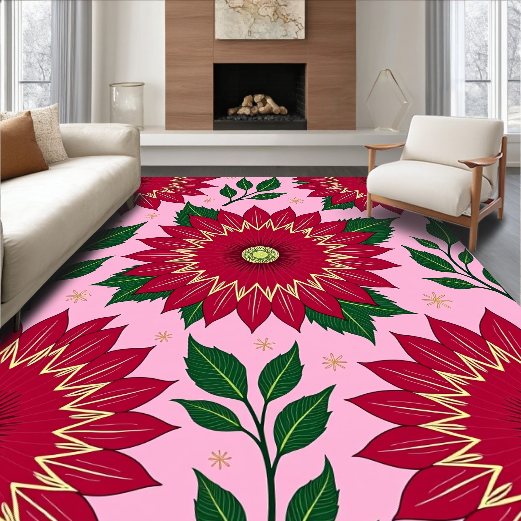 Crimson Yellow Burst Floral Garden Rug