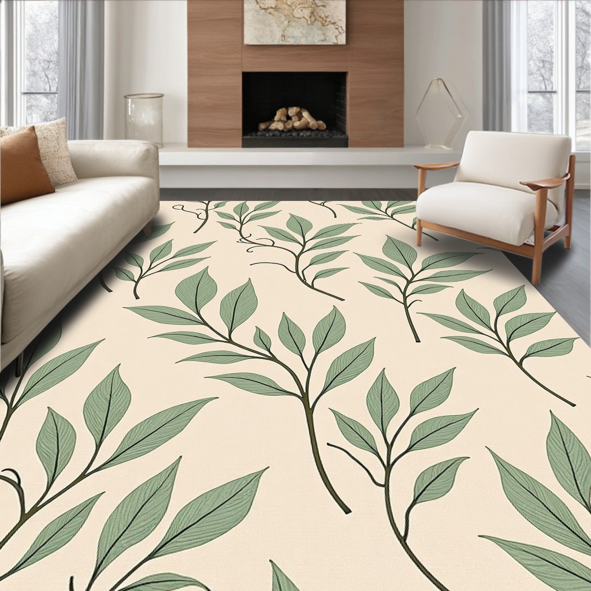 Leafy Branch Patterned Light Beige Rug