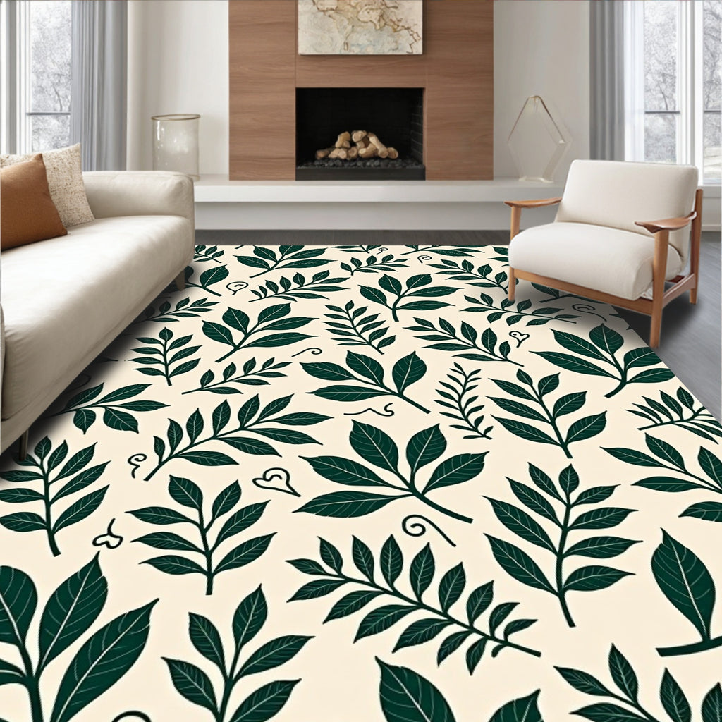Dark Green Leafy Botanical Pattern Rug