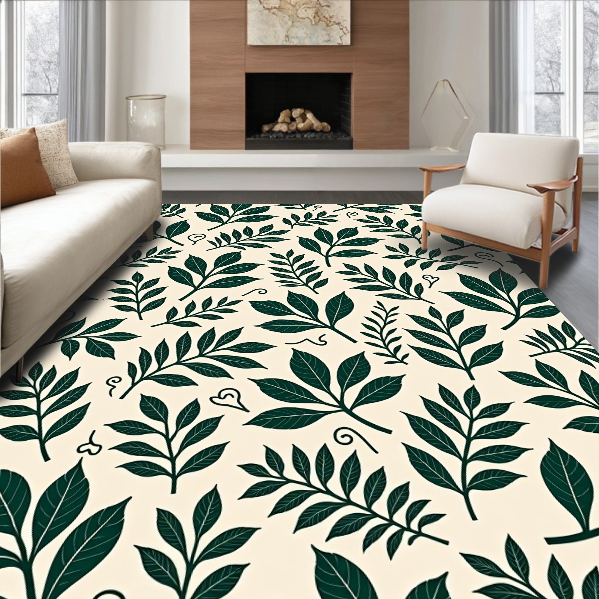 Dark Green Leafy Botanical Pattern Rug