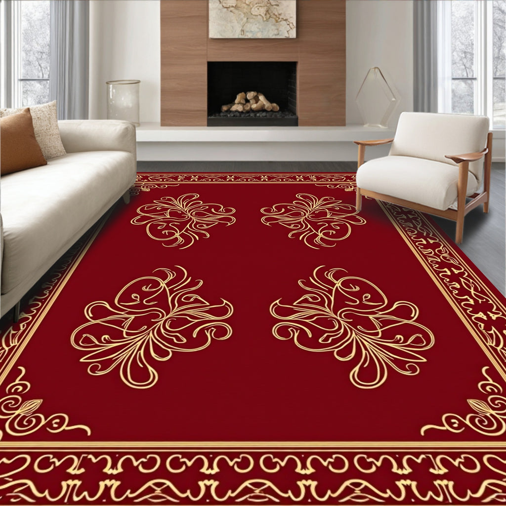 Elegant Red Gold Floral Scroll Design Rug