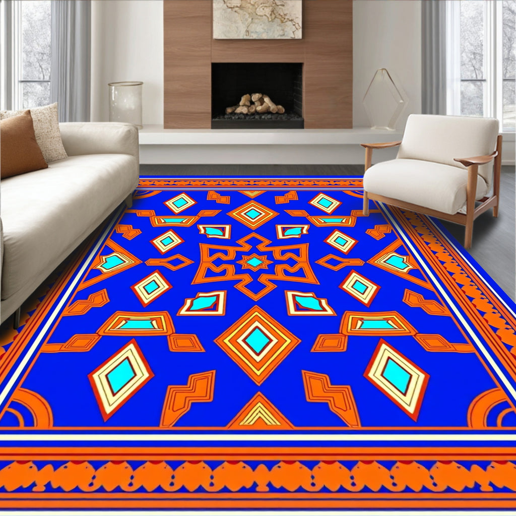 Vibrant Blue Orange Geometric Medallion Rug