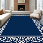 Elegant White Scroll Border on Navy Ground Rug
