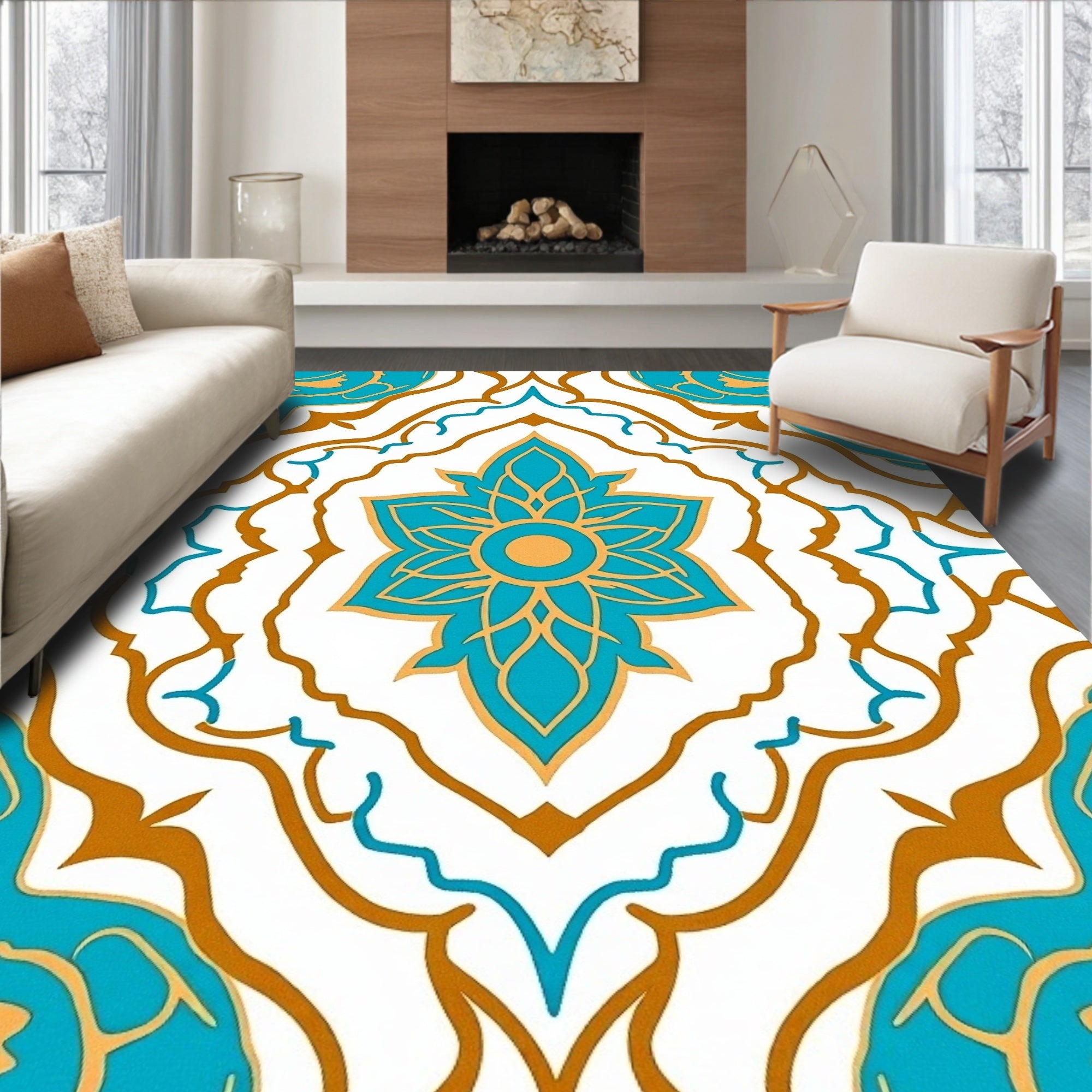 Ornate Teal Gold Floral Medallion Rug