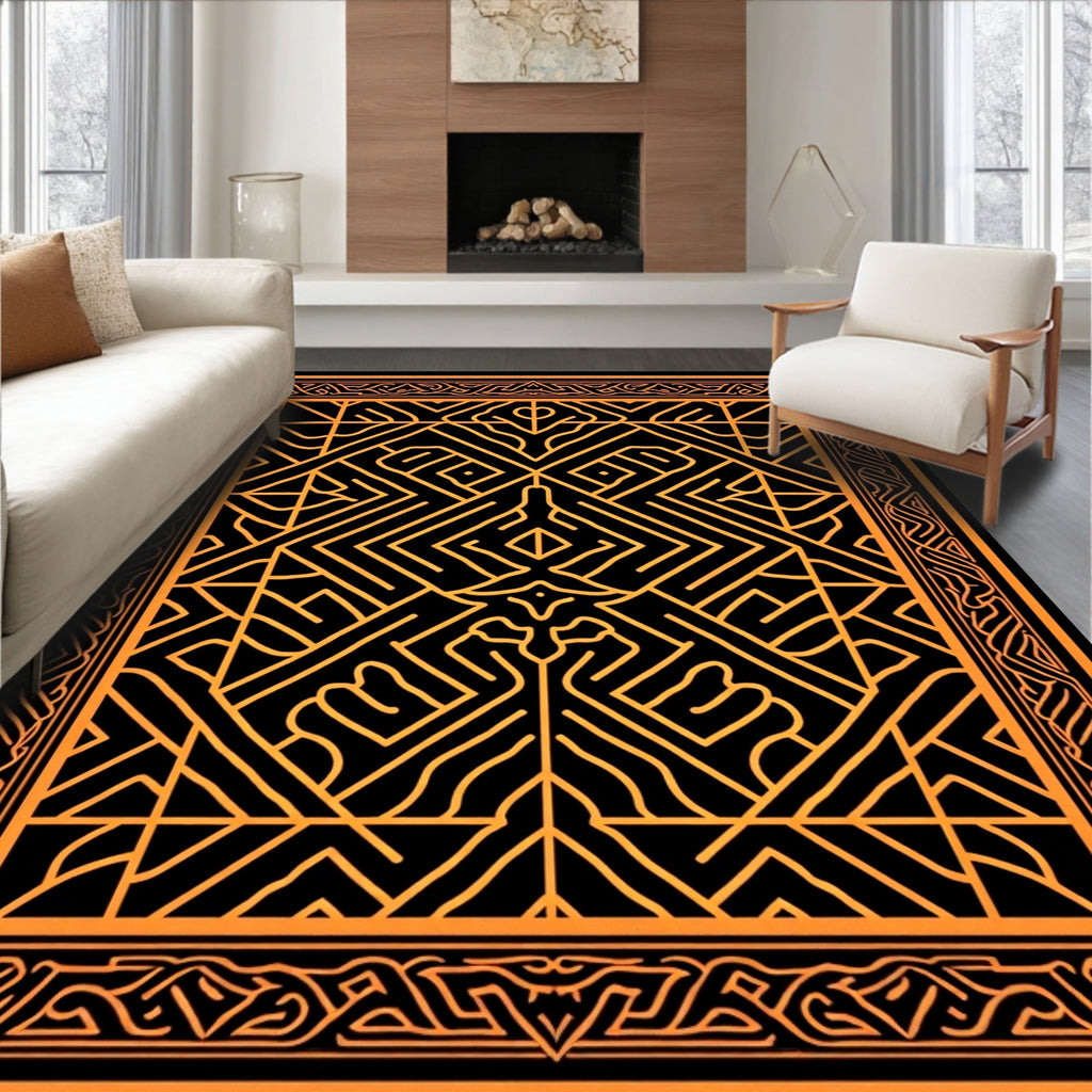Intricate Geometric Lines Black Gold Rug