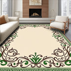 Elegant Floral Scrollwork Brown and Green Design Rug