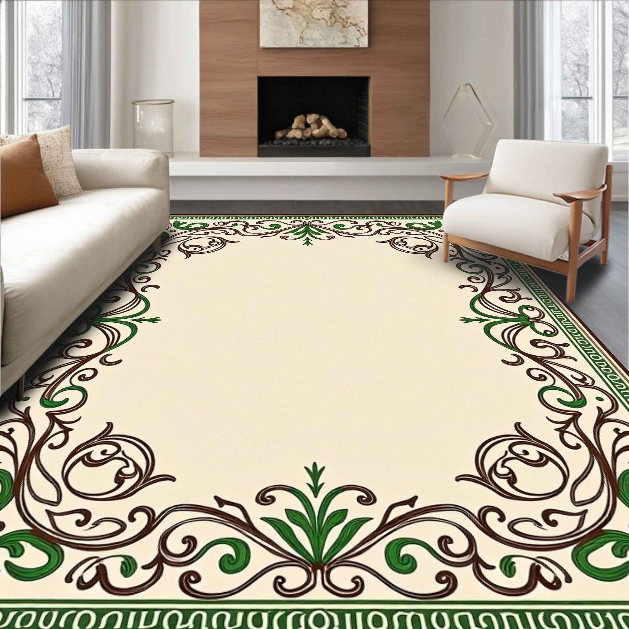 Elegant Floral Scrollwork Brown and Green Design Rug