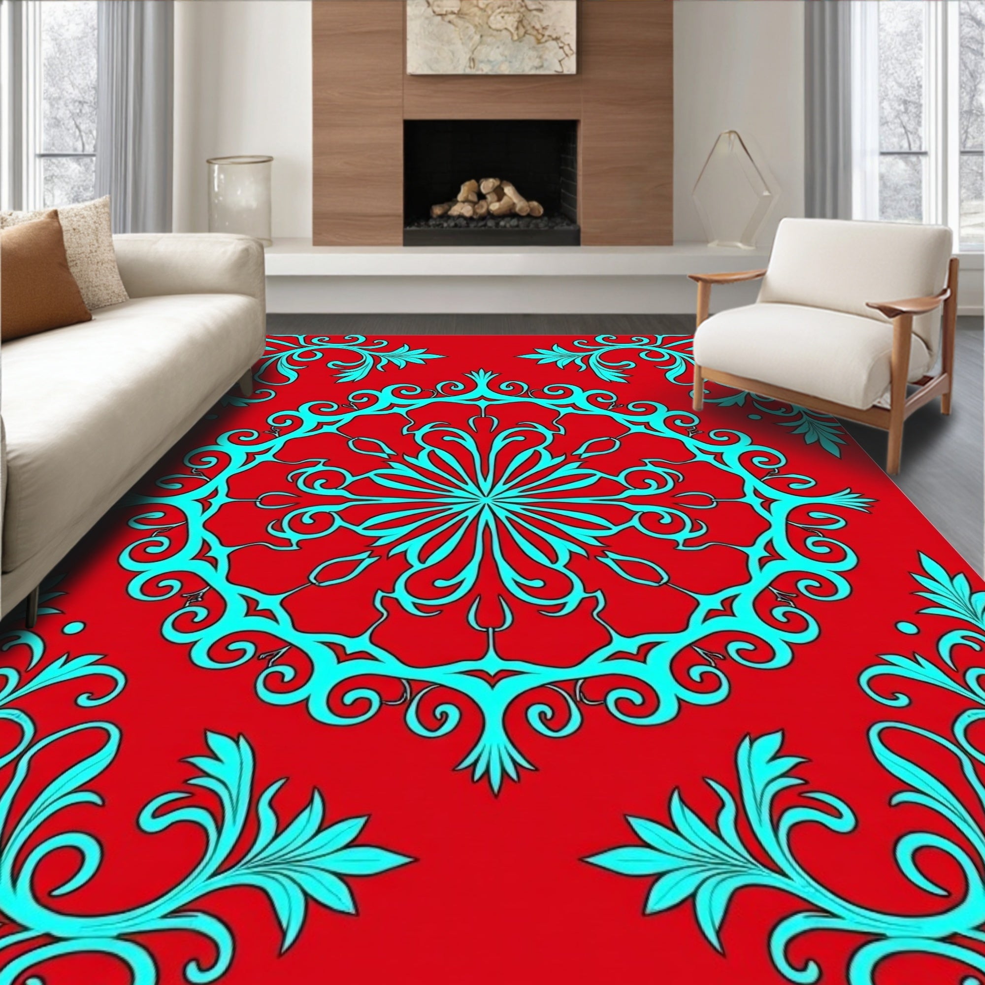 Vibrant Red Teal Floral Medallion Rug