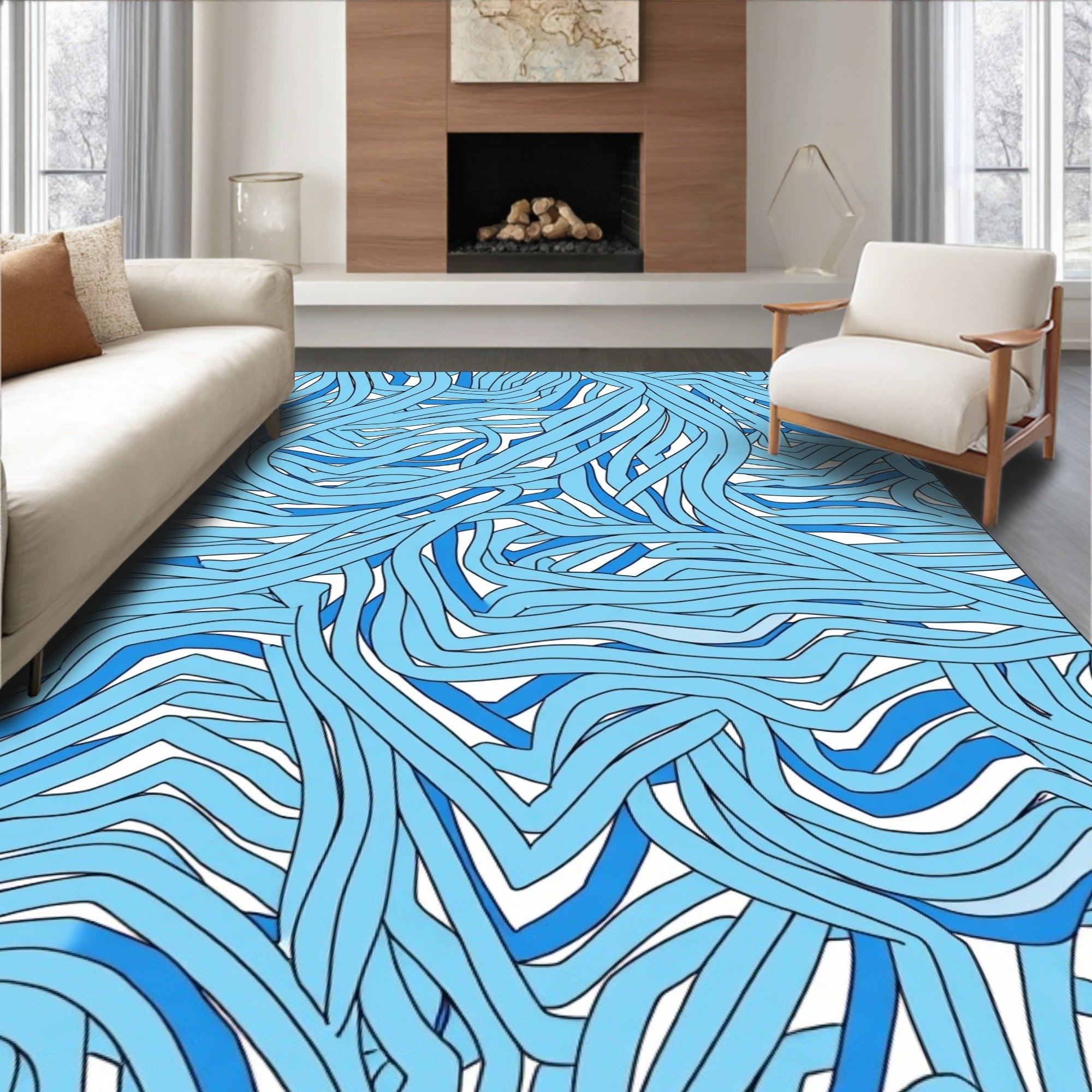 Abstract Blue Wave Pattern Rug