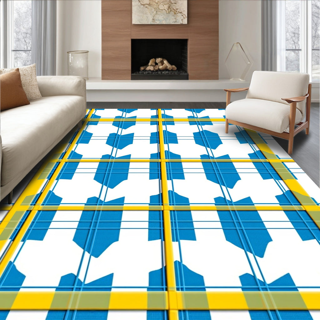 Bold Yellow Blue Plaid Abstract Design Rug