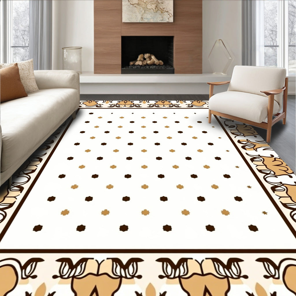 Golden Brown Floral Border Dot Pattern Rug