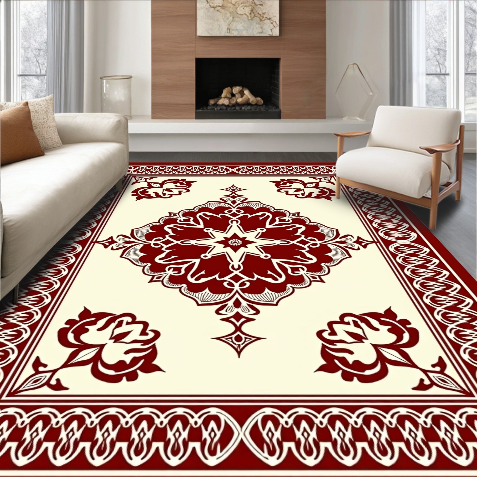 Ornate Floral Bordered Cream Rug