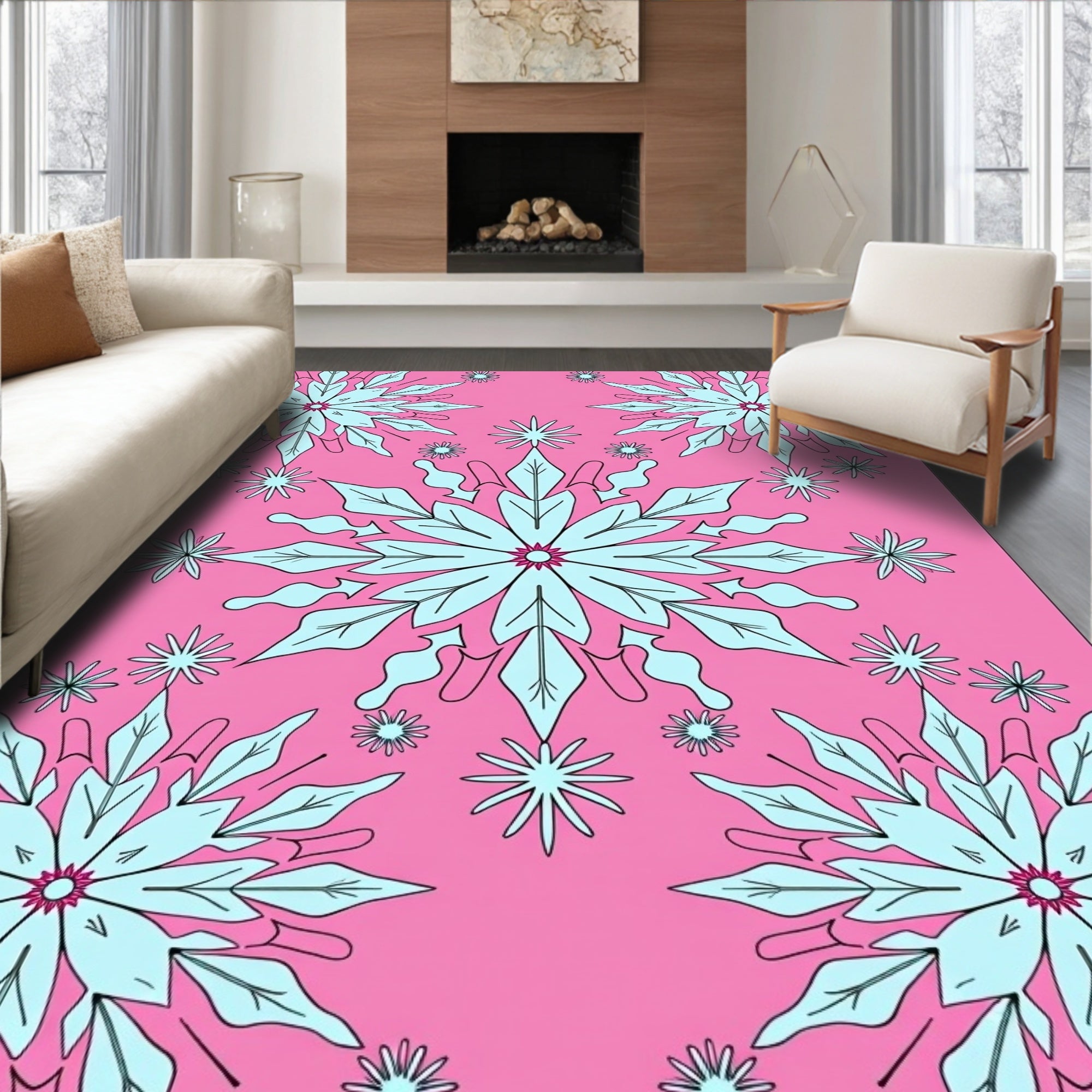 Pink Aqua Snowflake Medallion Rug