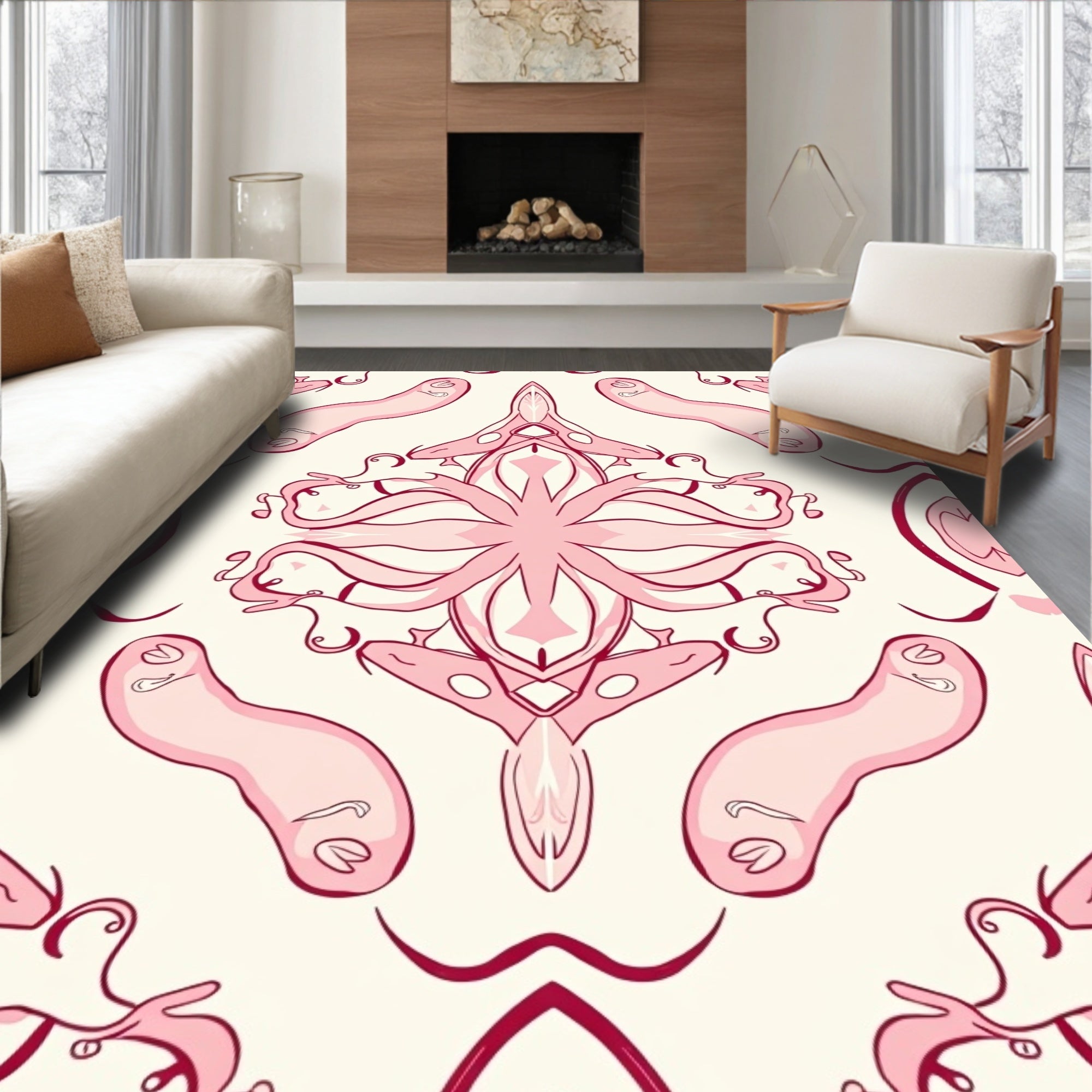 Pink Floral Symmetry Pattern Rug