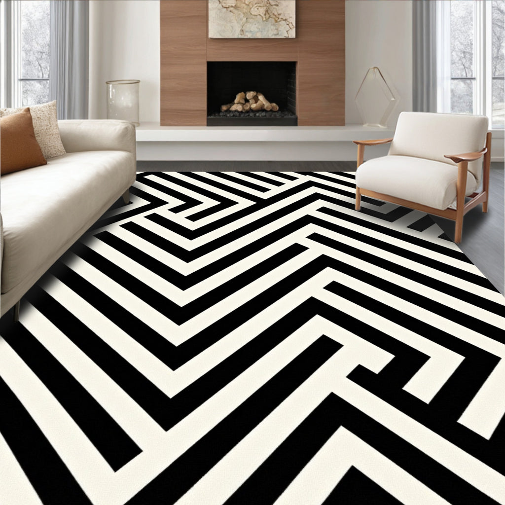 Modern Black White Geometric Maze Design Rug