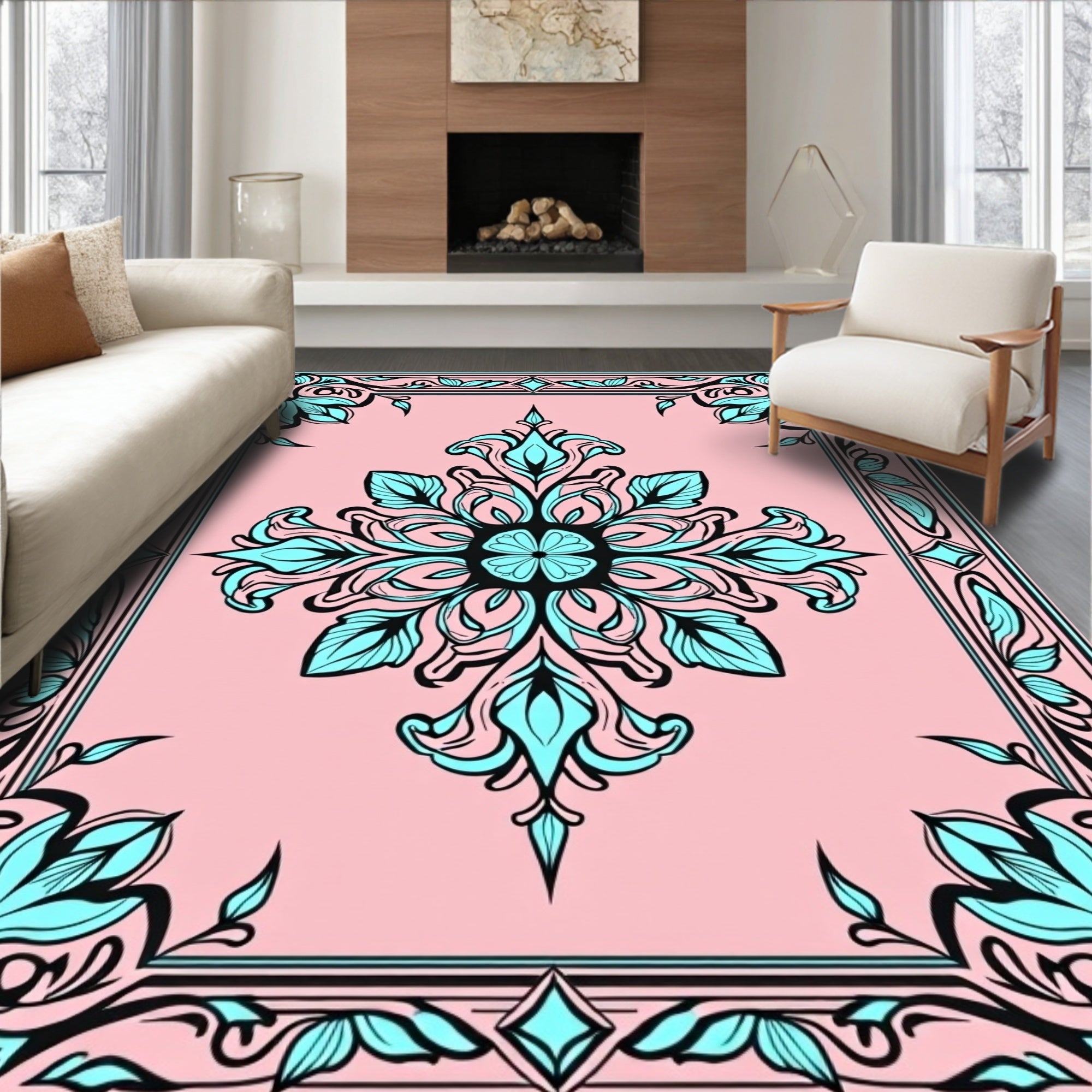 Elegant Blue Floral Symmetry Rug
