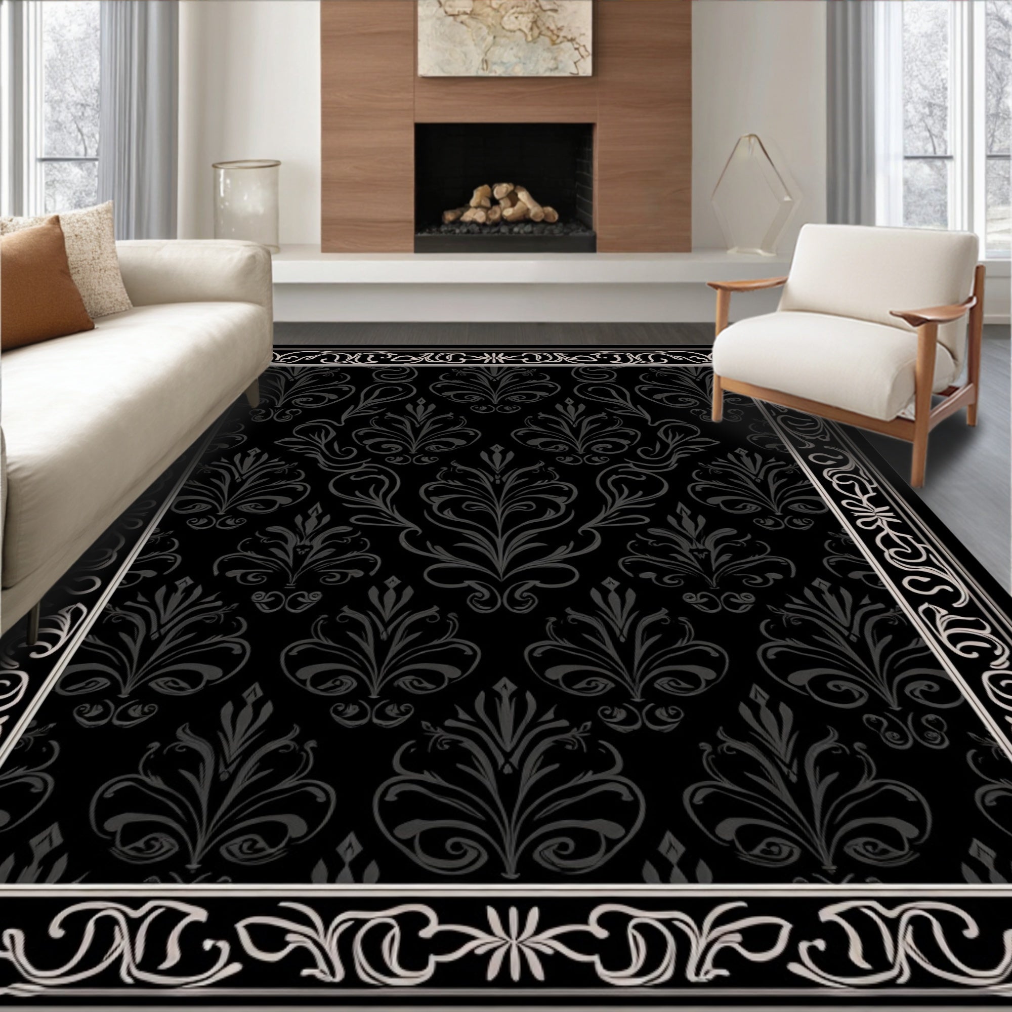 Ornate Black Swirls Floral Pattern Rug