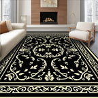 Cream Floral Scrollwork Black Rug