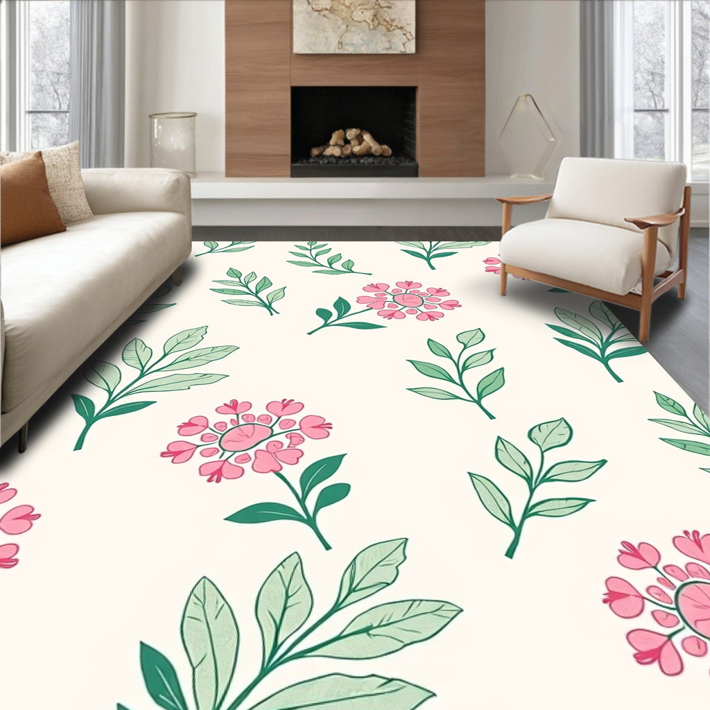 Delicate Pink Flower Leaf Pattern Rug