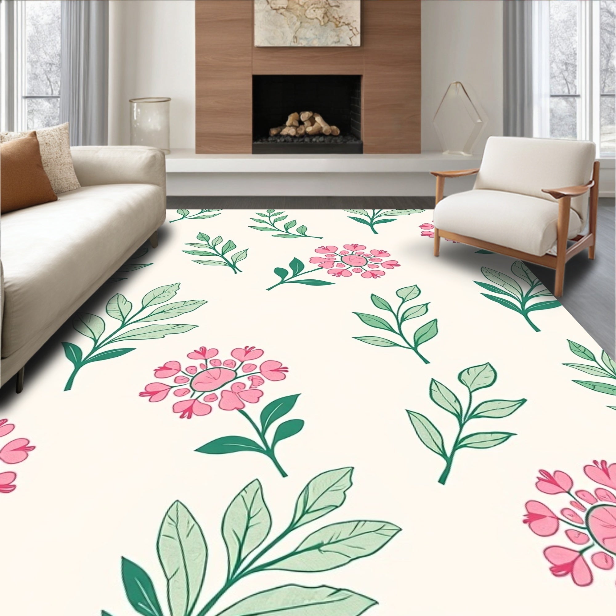 Delicate Pink Flower Leaf Pattern Rug
