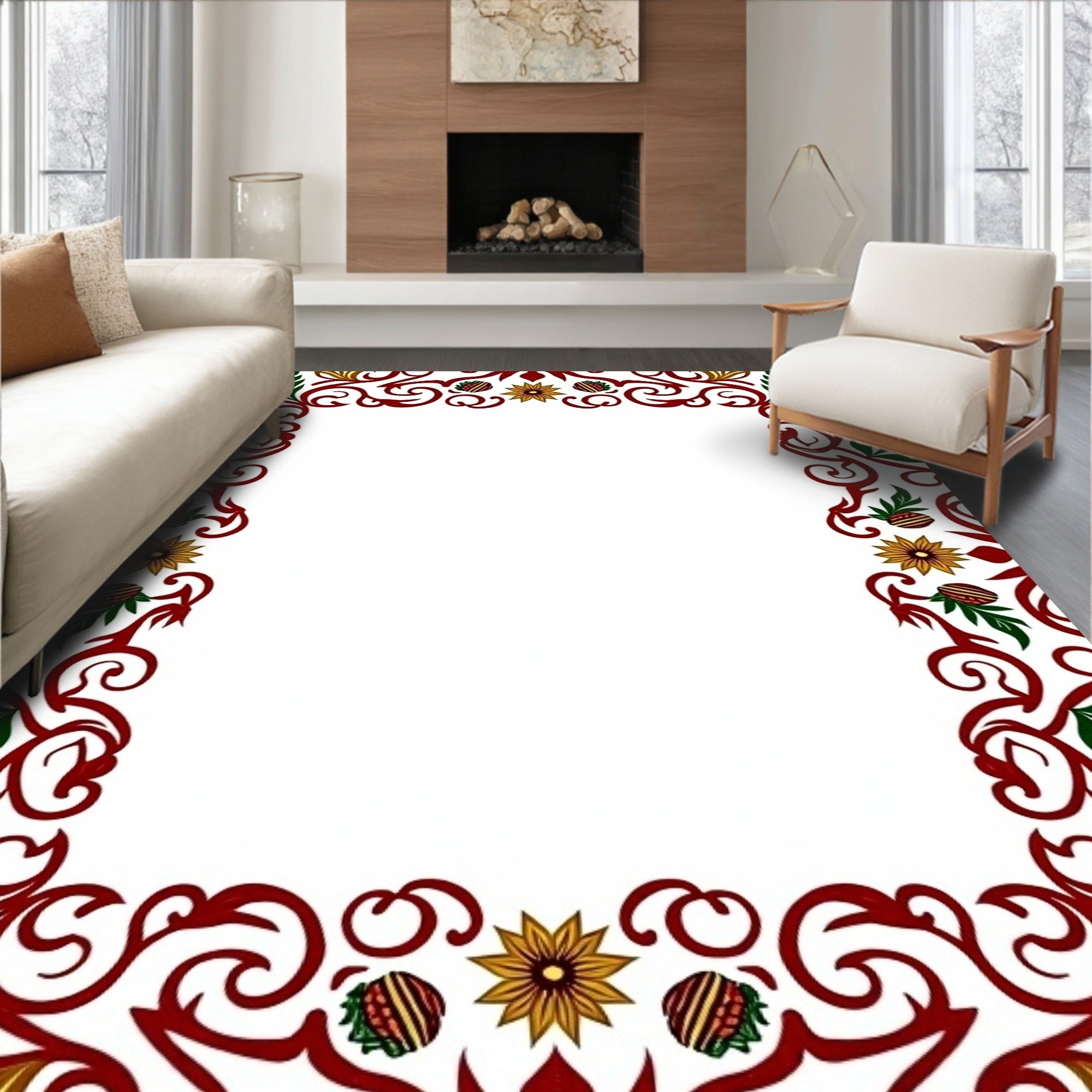 Crimson Green Floral Scroll Border Rug