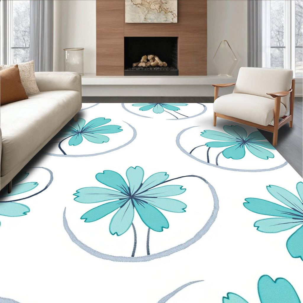 Teal Flower Swirl Repeating Pattern Rug