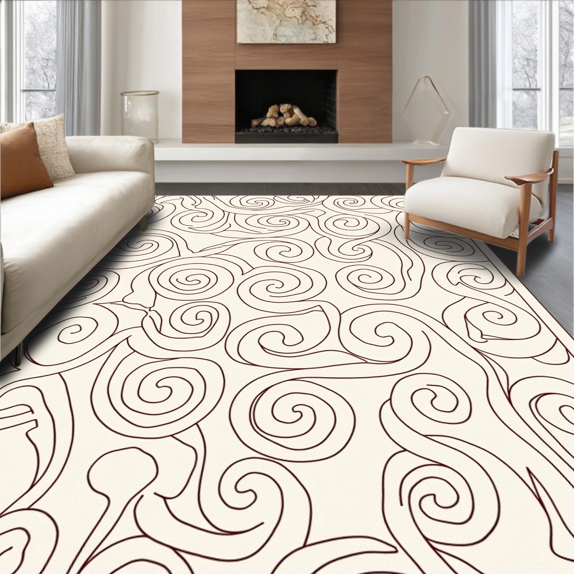 Cream Burgundy Swirl Pattern Design Rug