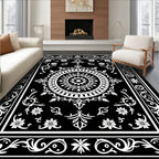 Black White Ornate Floral Medallion Rug