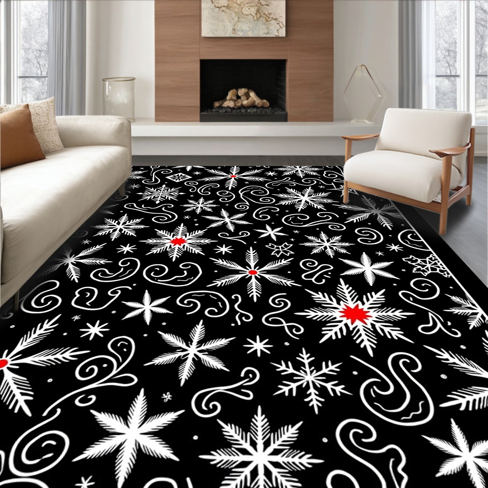 Black White Red Snowflake Swirls Rug