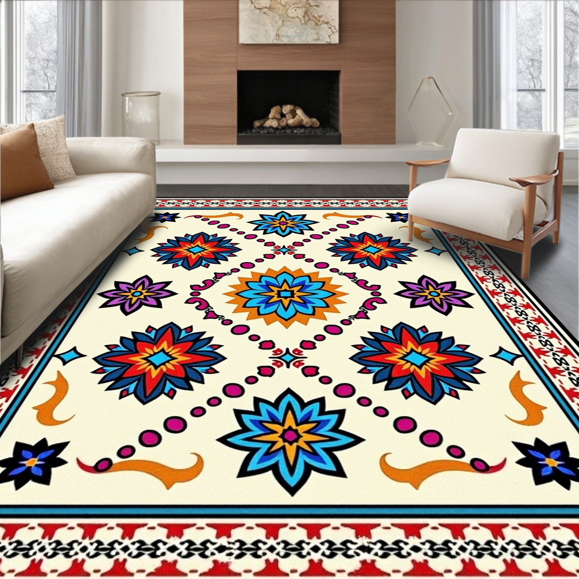 Vibrant Geometric Starburst Floral Pattern Rug