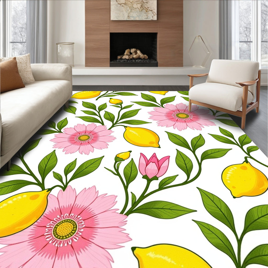 Charming Lemon Pink Floral Pattern Rug